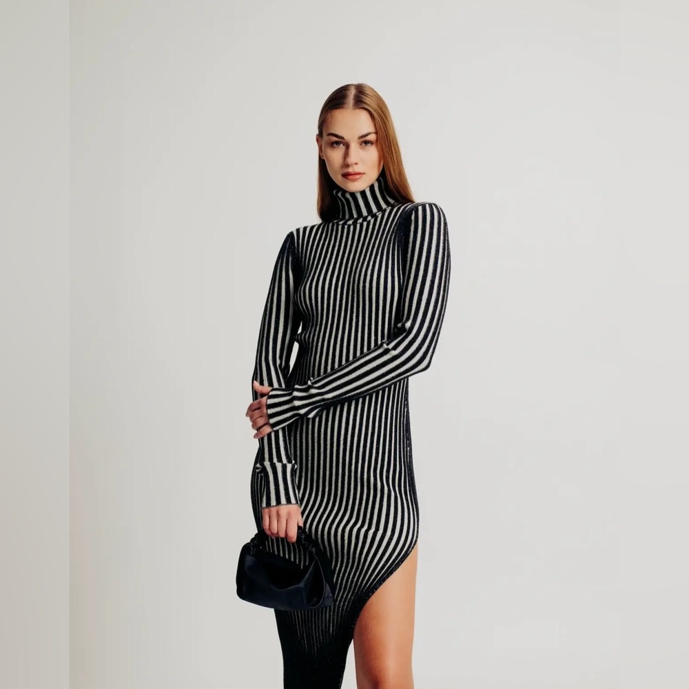 Torn by Ronny Kobo Black and White Striped Long Sleeve Turtleneck Dress